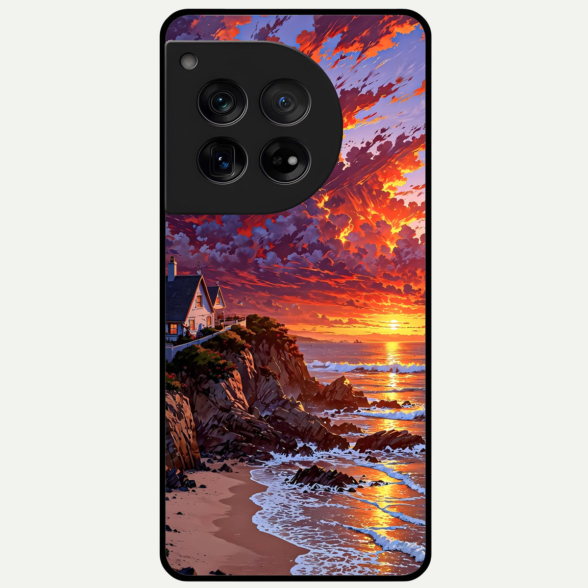  Sunset House By Sea Glass Case For OnePlus 12 back cover – full design glossy printed glass finish