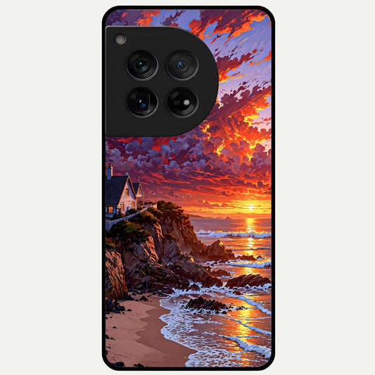  Sunset House By Sea Glass Case For OnePlus 12 back cover – full design glossy printed glass finish