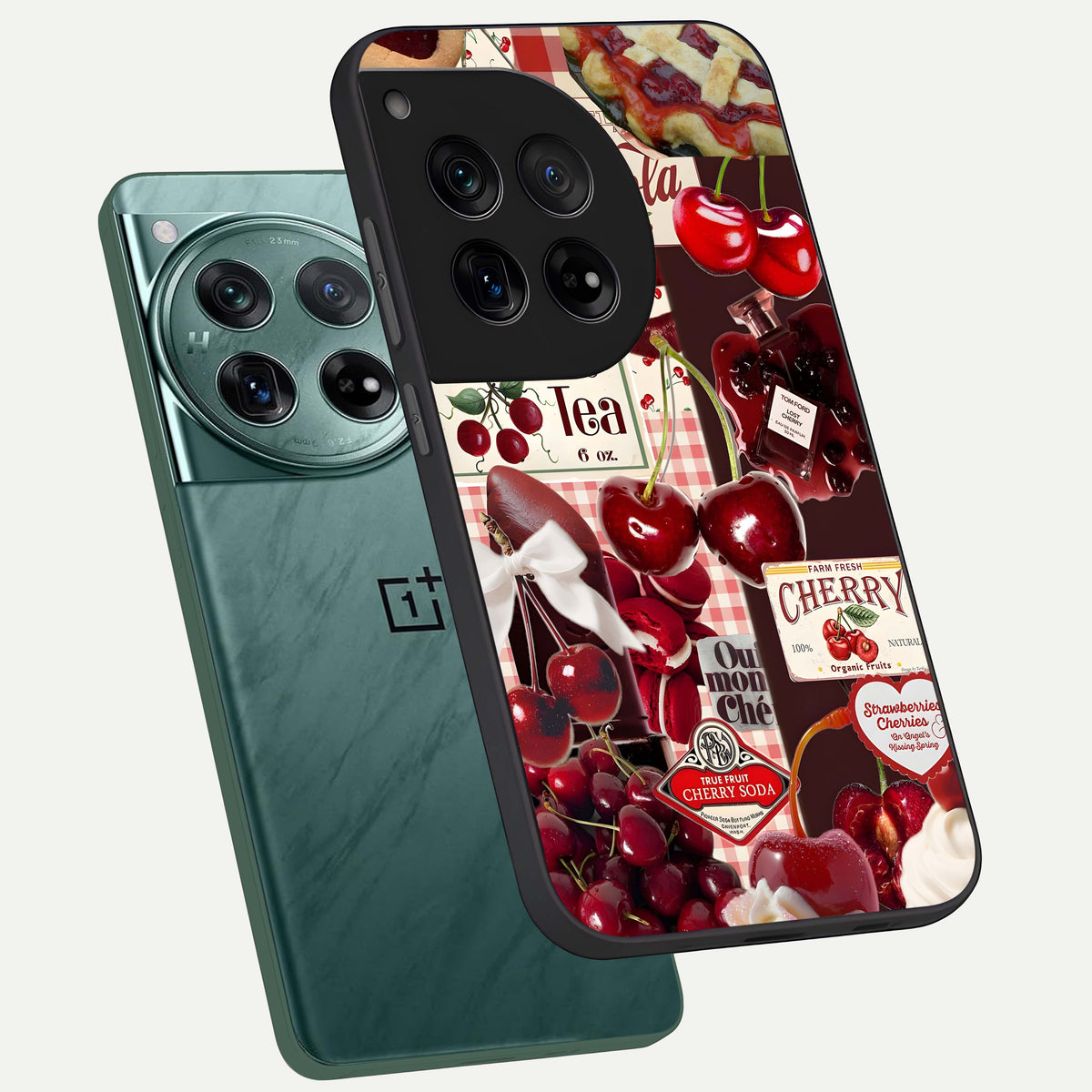  Aesthetic Cherry Tea phone case For OnePlus 12 showing premium glass back cover with detailed artwork