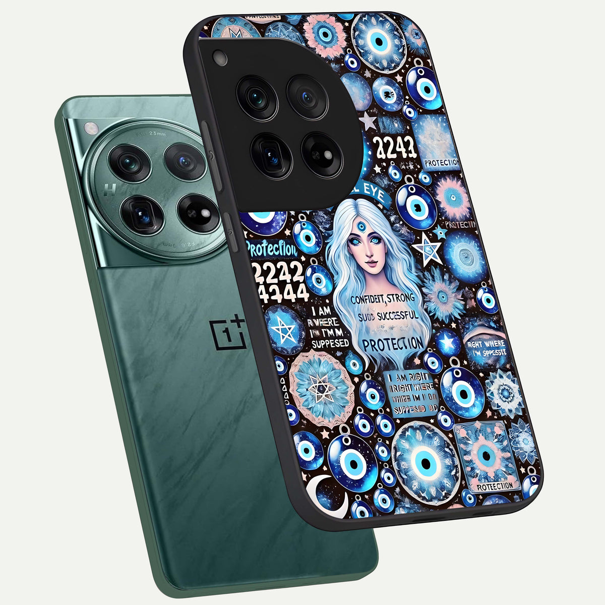  Angel Aura Shield phone case For OnePlus 12 showing premium glass back cover with detailed artwork