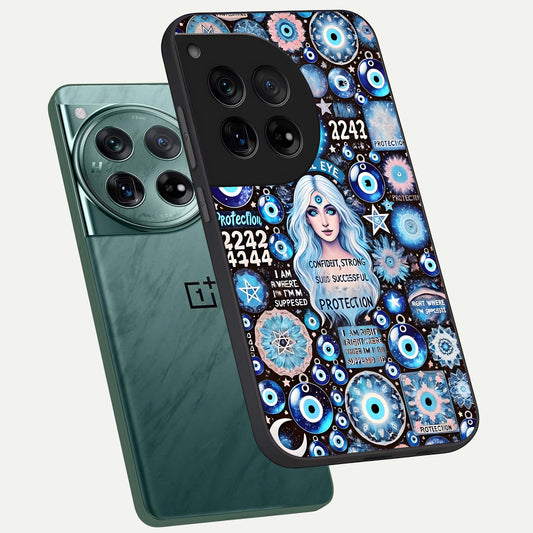  Angel Aura Shield phone case For OnePlus 12 showing premium glass back cover with detailed artwork