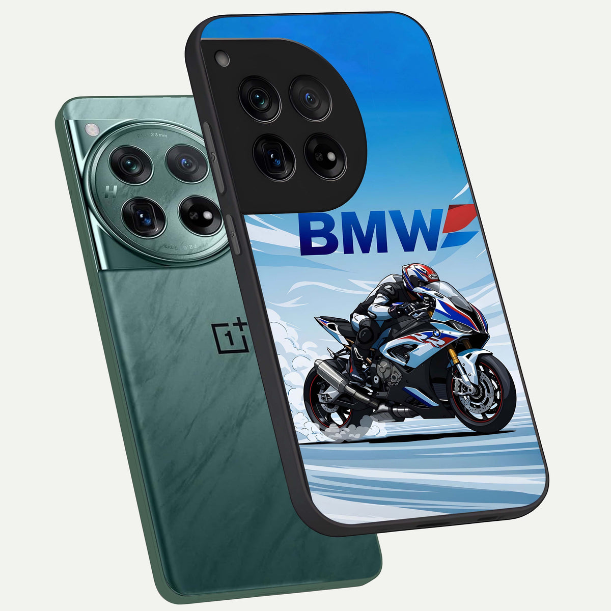  BMW Power Drift phone case For OnePlus 12 showing premium glass back cover with detailed artwork
