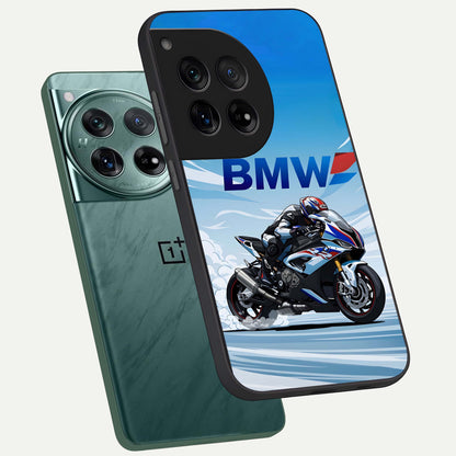  BMW Power Drift phone case For OnePlus 12 showing premium glass back cover with detailed artwork
