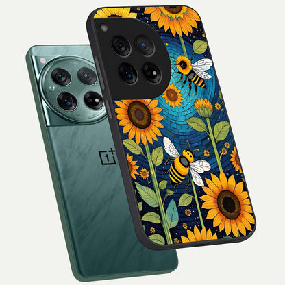  Bees And Sunflowers phone case For OnePlus 12 showing premium glass back cover with detailed artwork