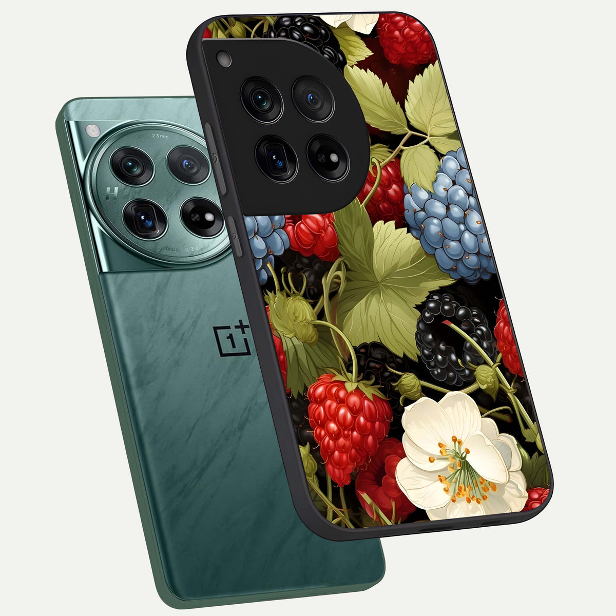  Berry Bloom Charm phone case For OnePlus 12 showing premium glass back cover with detailed artwork