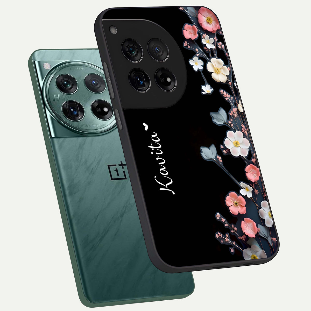  Black Elegance Floral Custom Name phone case For OnePlus 12 showing premium glass back cover with detailed artwork