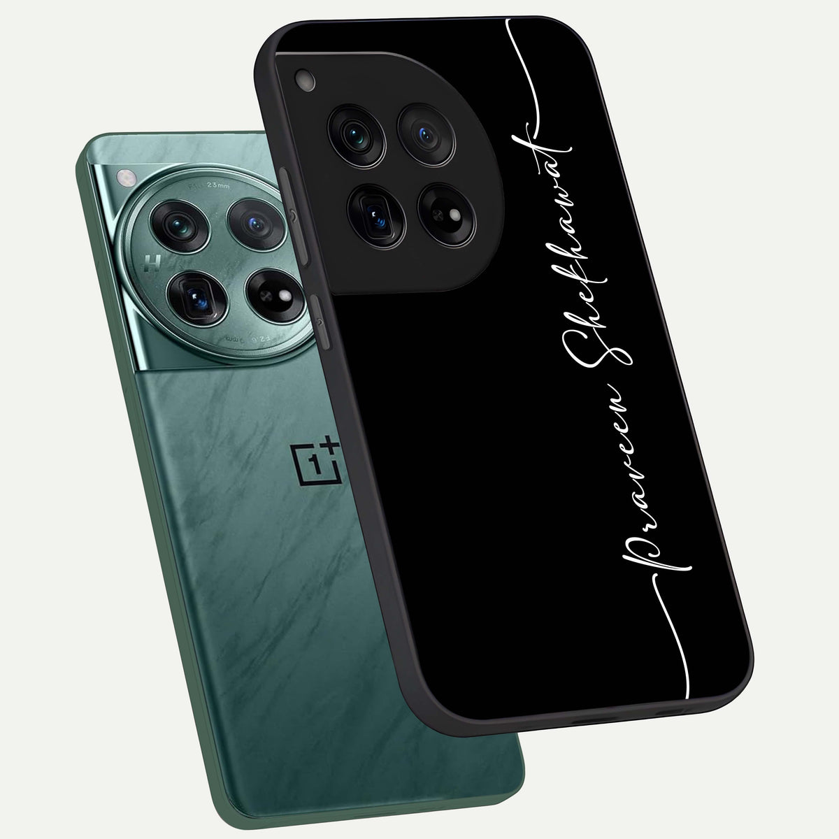  Black Tune Custom Name phone case For OnePlus 12 showing premium glass back cover with detailed artwork