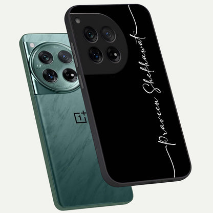  Black Tune Custom Name phone case For OnePlus 12 showing premium glass back cover with detailed artwork