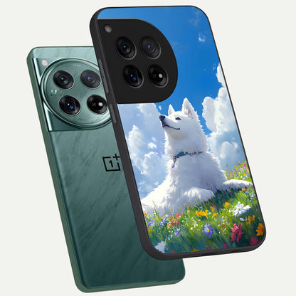  Blissful Cloud Pup phone case For OnePlus 12 showing premium glass back cover with detailed artwork