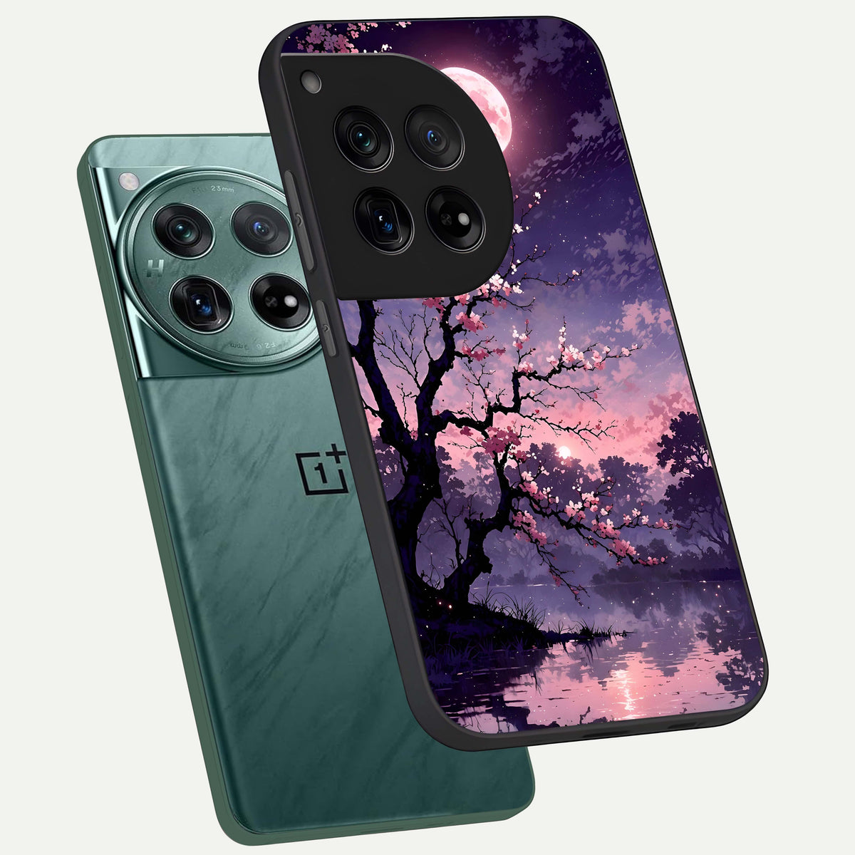  Blossom Pink Moon phone case For OnePlus 12 showing premium glass back cover with detailed artwork