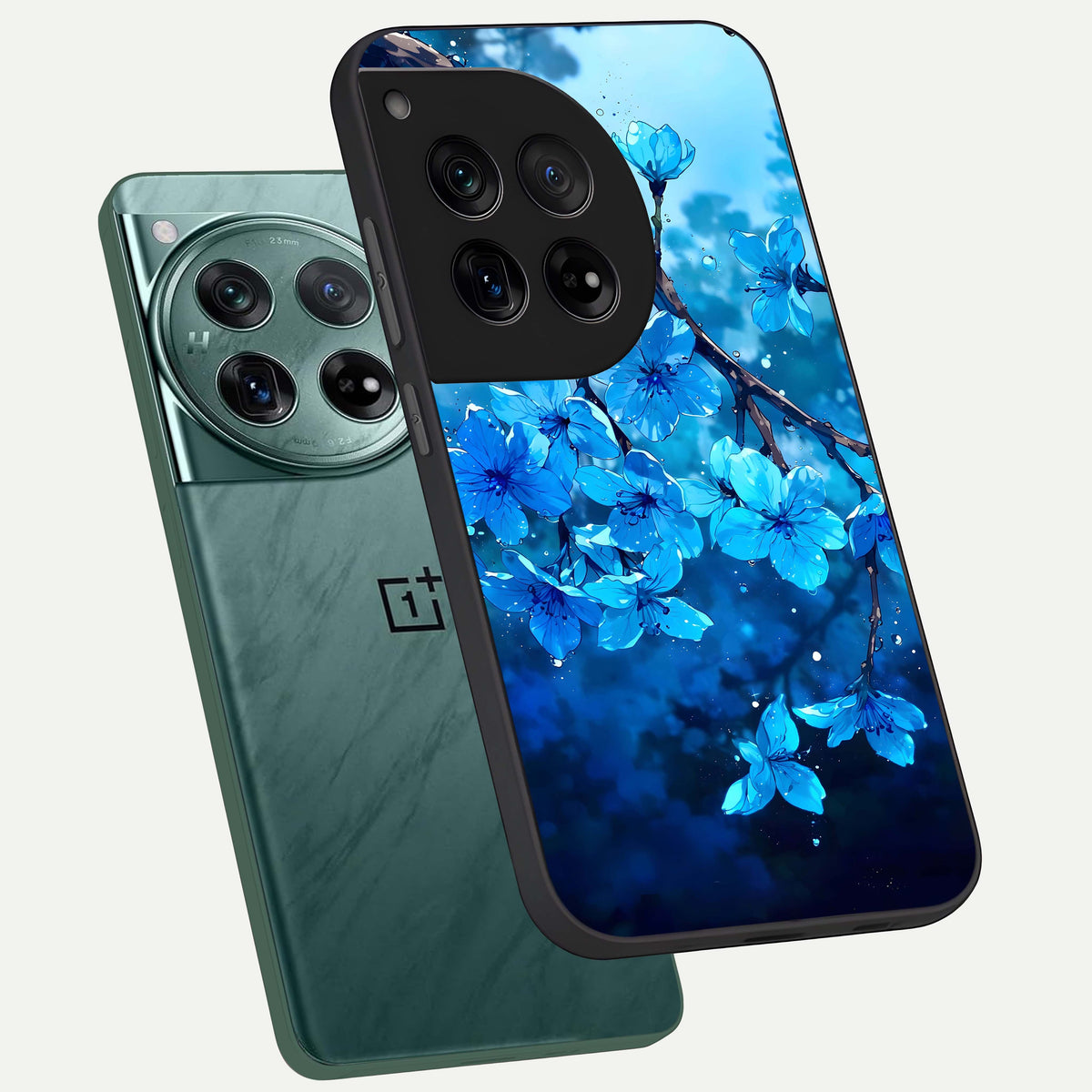  Blue Blossoms Branch phone case For OnePlus 12 showing premium glass back cover with detailed artwork