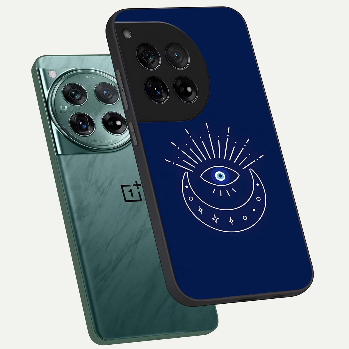  Blue Evil Eye phone case For OnePlus 12 showing premium glass back cover with detailed artwork