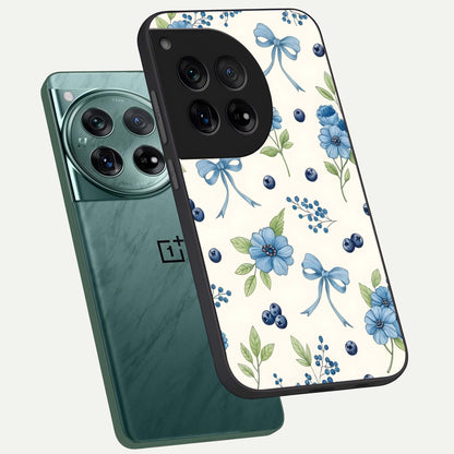  Blue Flower And Bow phone case For OnePlus 12 showing premium glass back cover with detailed artwork