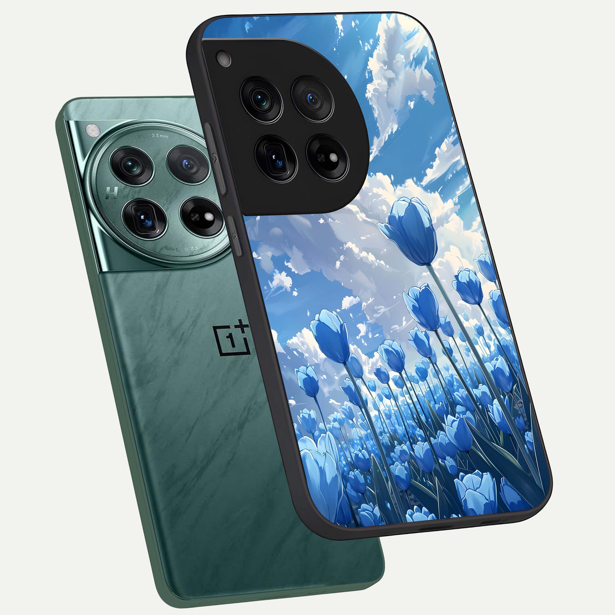  Blue Tulip Clouds phone case For OnePlus 12 showing premium glass back cover with detailed artwork