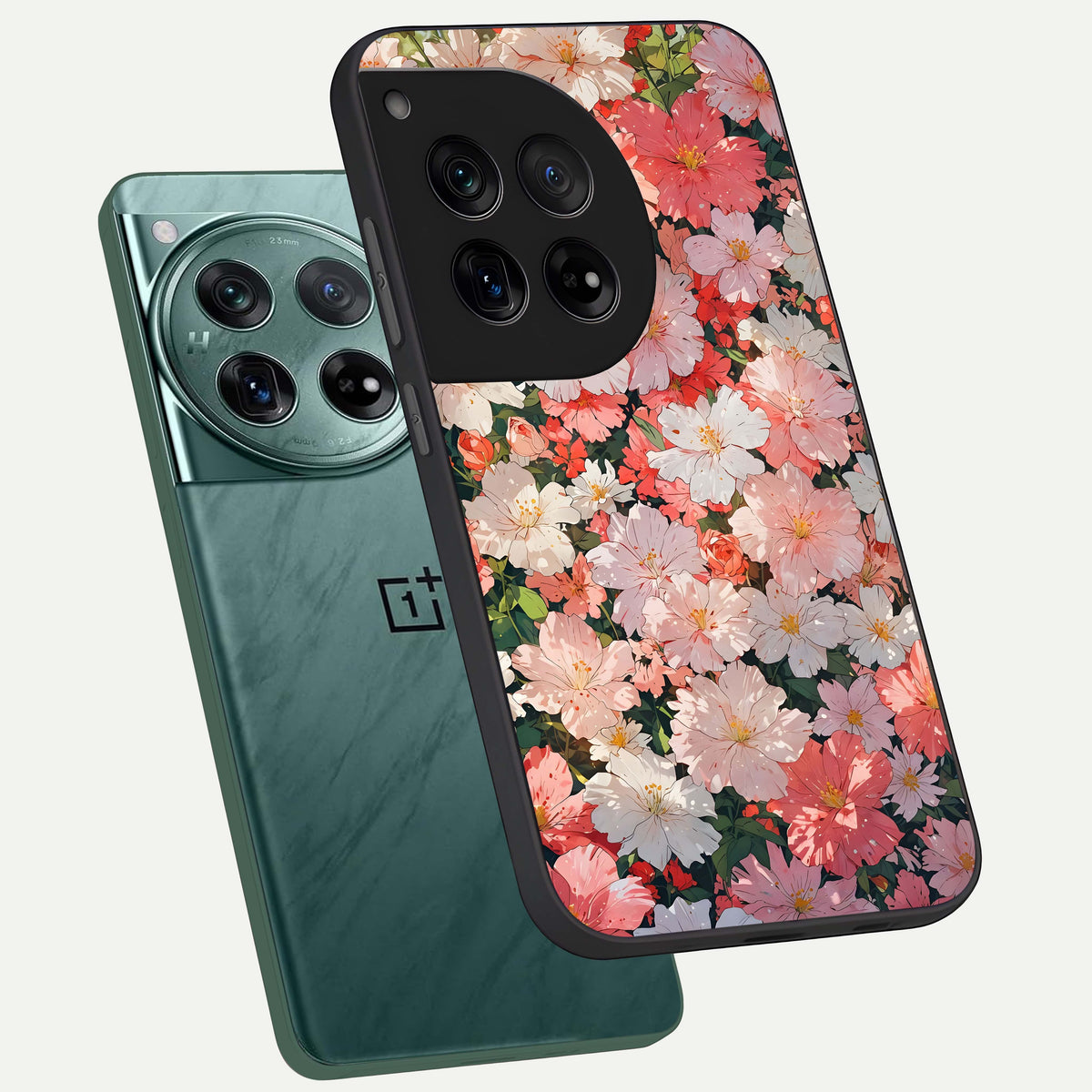  Blush Bloom Field phone case For OnePlus 12 showing premium glass back cover with detailed artwork