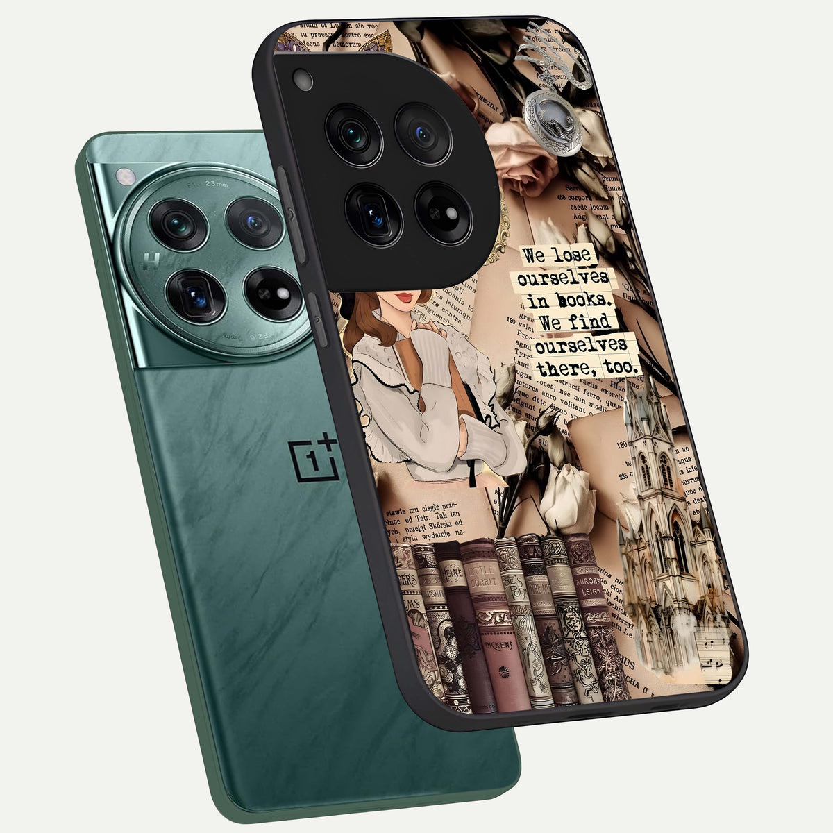  Bookish Dream World phone case For OnePlus 12 showing premium glass back cover with detailed artwork