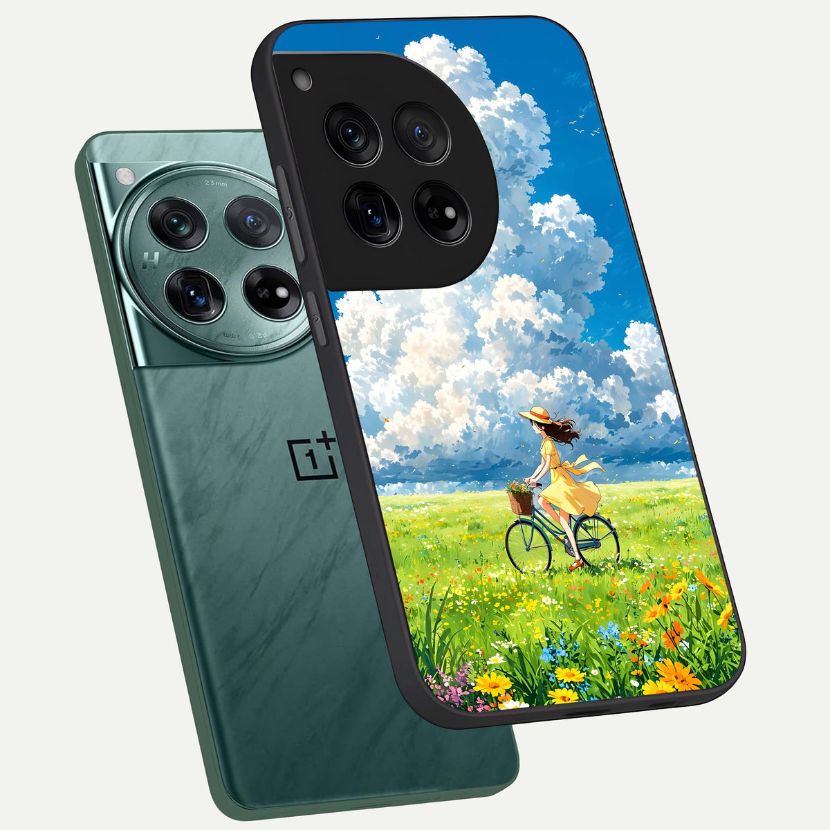  Breezy Meadow Ride phone case For OnePlus 12 showing premium glass back cover with detailed artwork