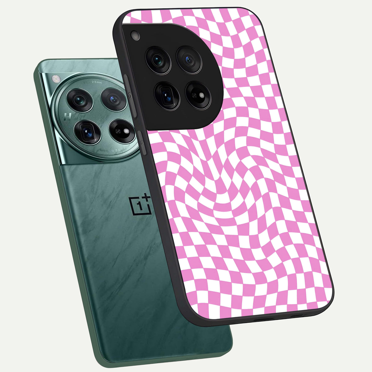  Bubblegum Check Wave phone case For OnePlus 12 showing premium glass back cover with detailed artwork