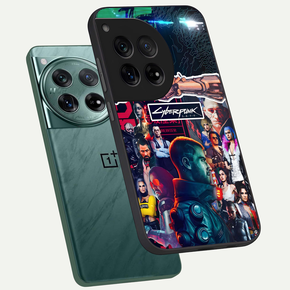  CYBERPUNK Legacy phone case For OnePlus 12 showing premium glass back cover with detailed artwork