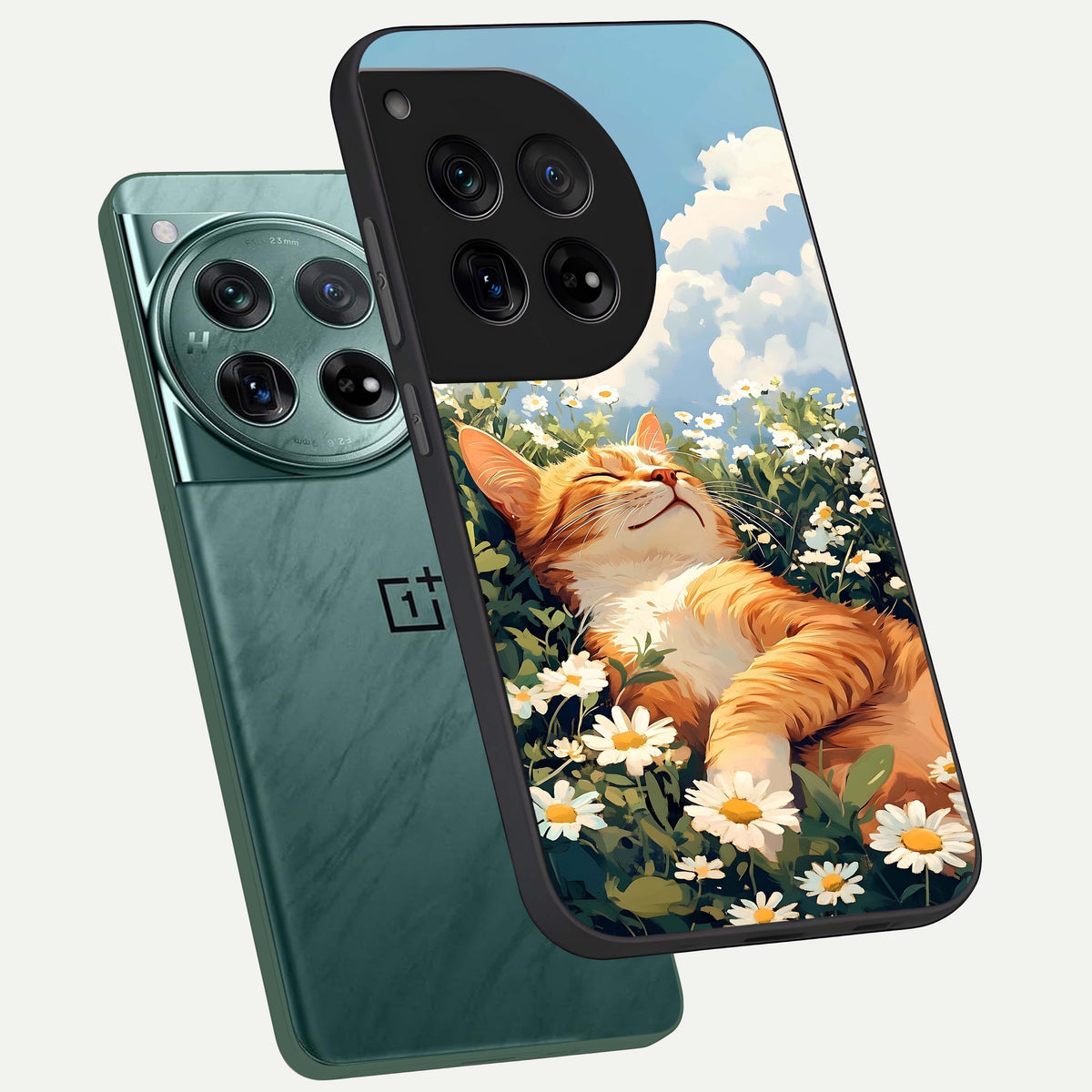  Cat And Flowers View phone case For OnePlus 12 showing premium glass back cover with detailed artwork