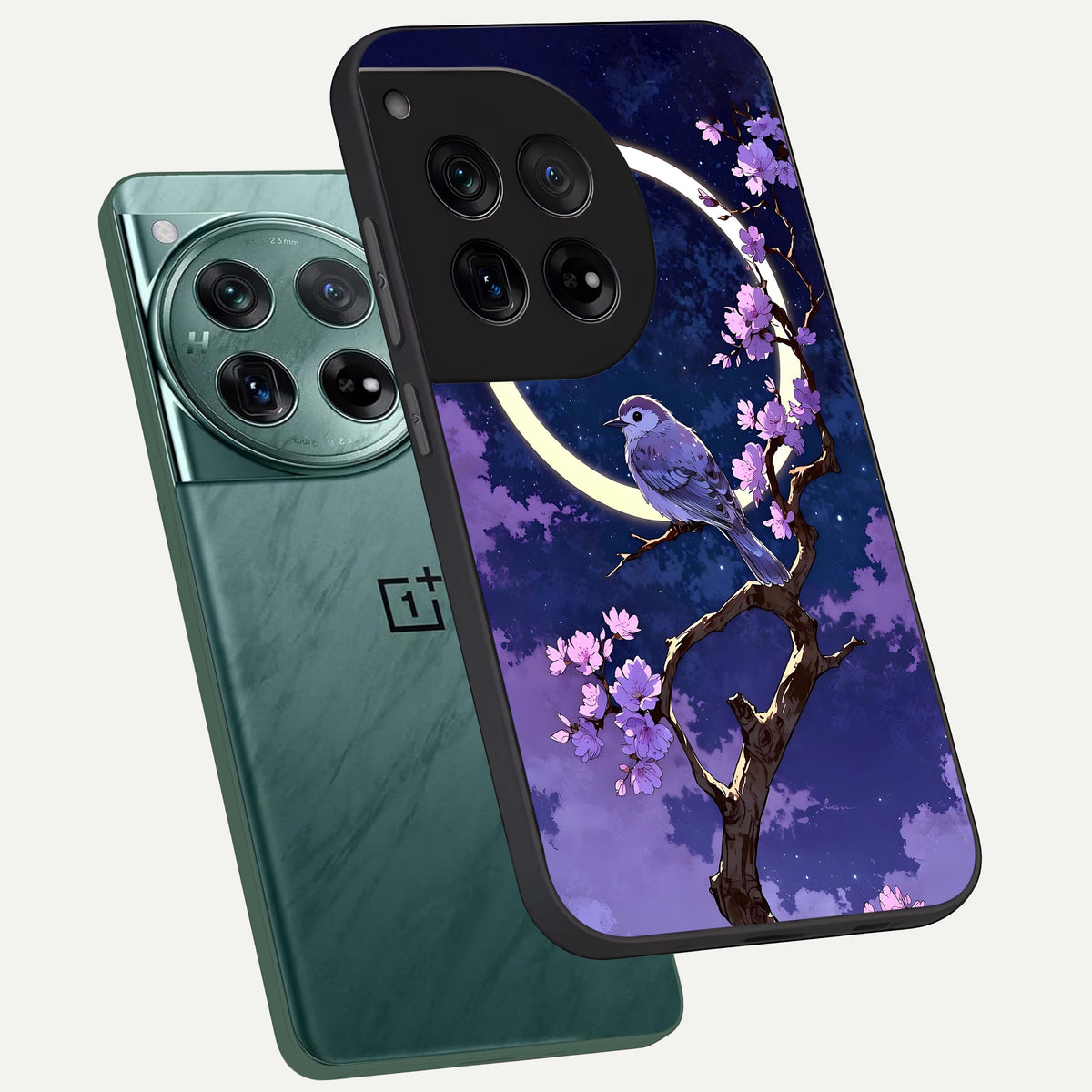  Celestial Bird Blossom phone case For OnePlus 12 showing premium glass back cover with detailed artwork