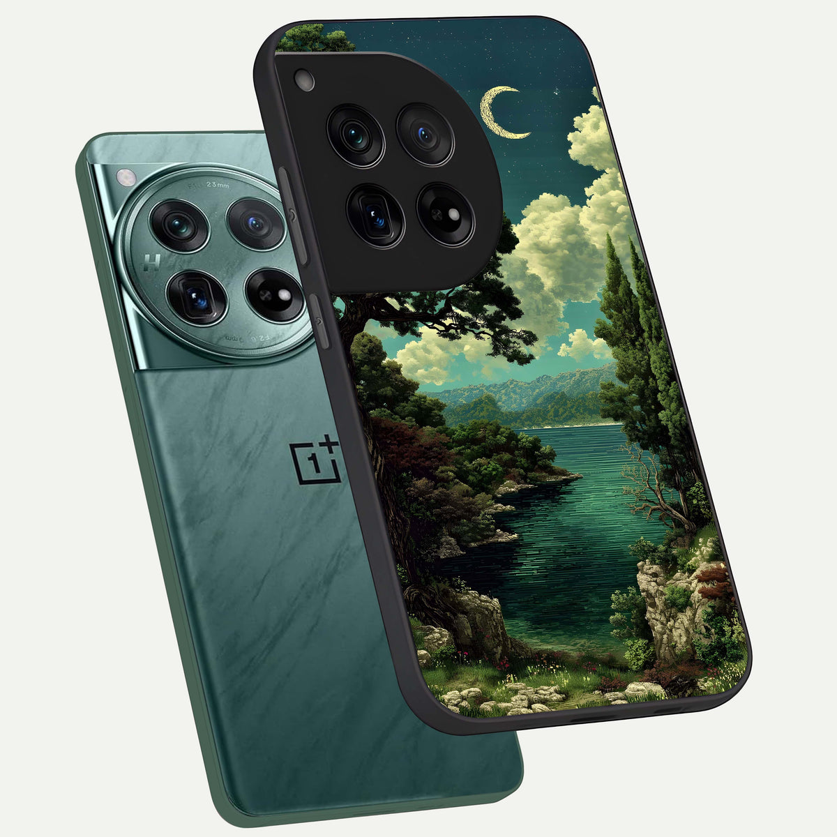  Celestial Lake Peace phone case For OnePlus 12 showing premium glass back cover with detailed artwork