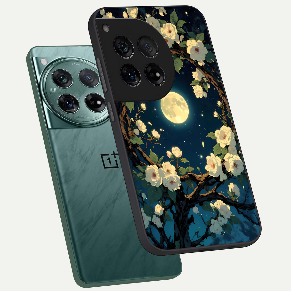  Celestial Moon And Flower phone case For OnePlus 12 showing premium glass back cover with detailed artwork
