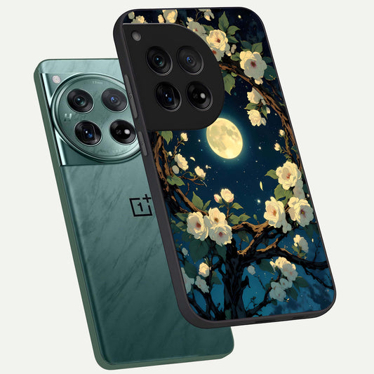  Celestial Moon And Flower phone case For OnePlus 12 showing premium glass back cover with detailed artwork