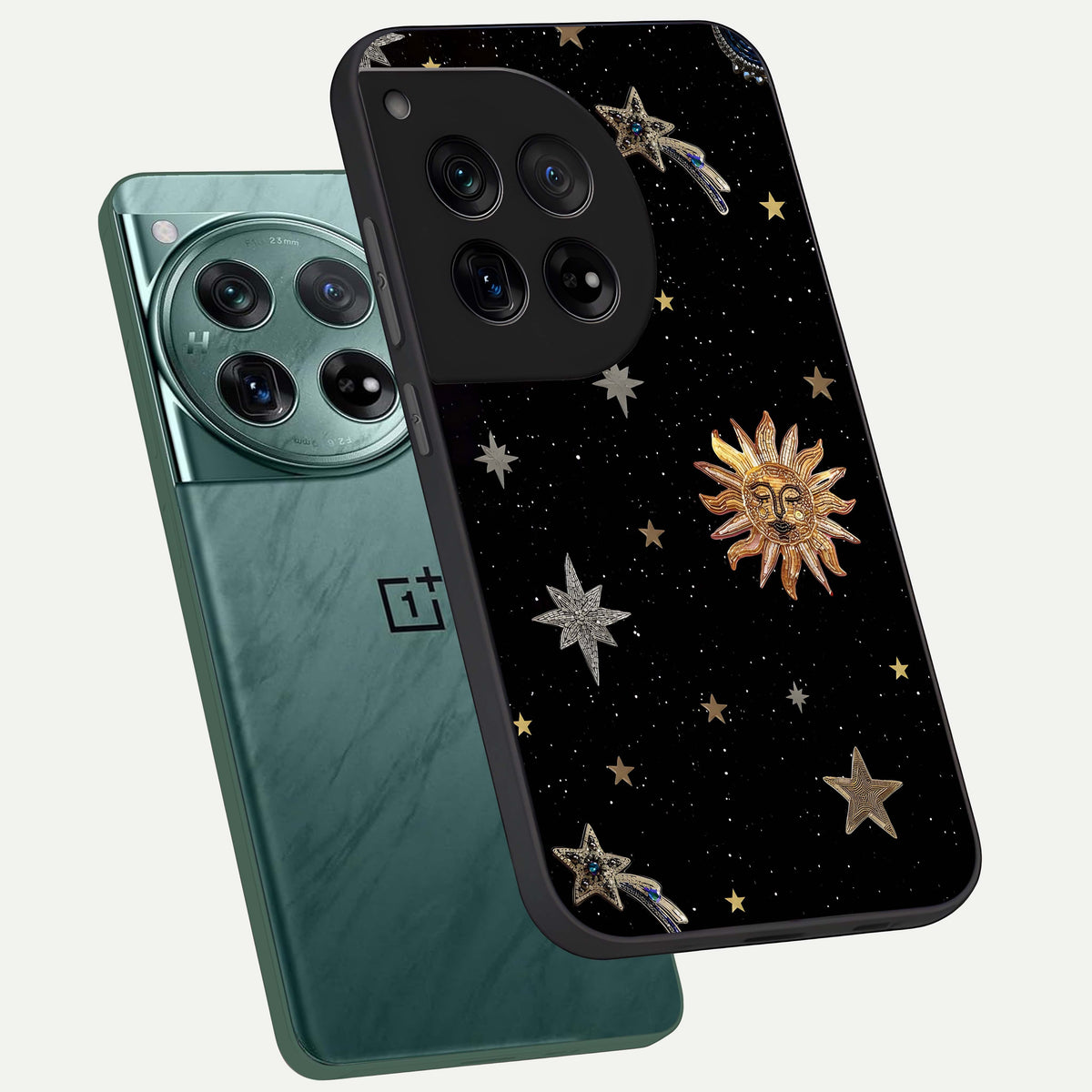  Celestial Moon With Stars phone case For OnePlus 12 showing premium glass back cover with detailed artwork