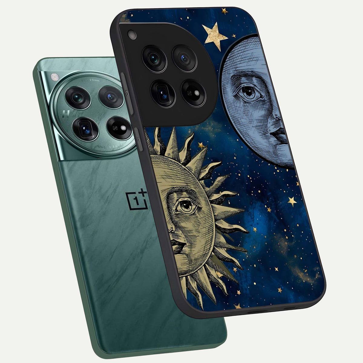  Celestial Moon With Sun phone case For OnePlus 12 showing premium glass back cover with detailed artwork