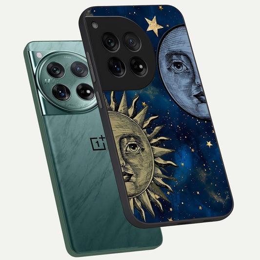  Celestial Moon With Sun phone case For OnePlus 12 showing premium glass back cover with detailed artwork