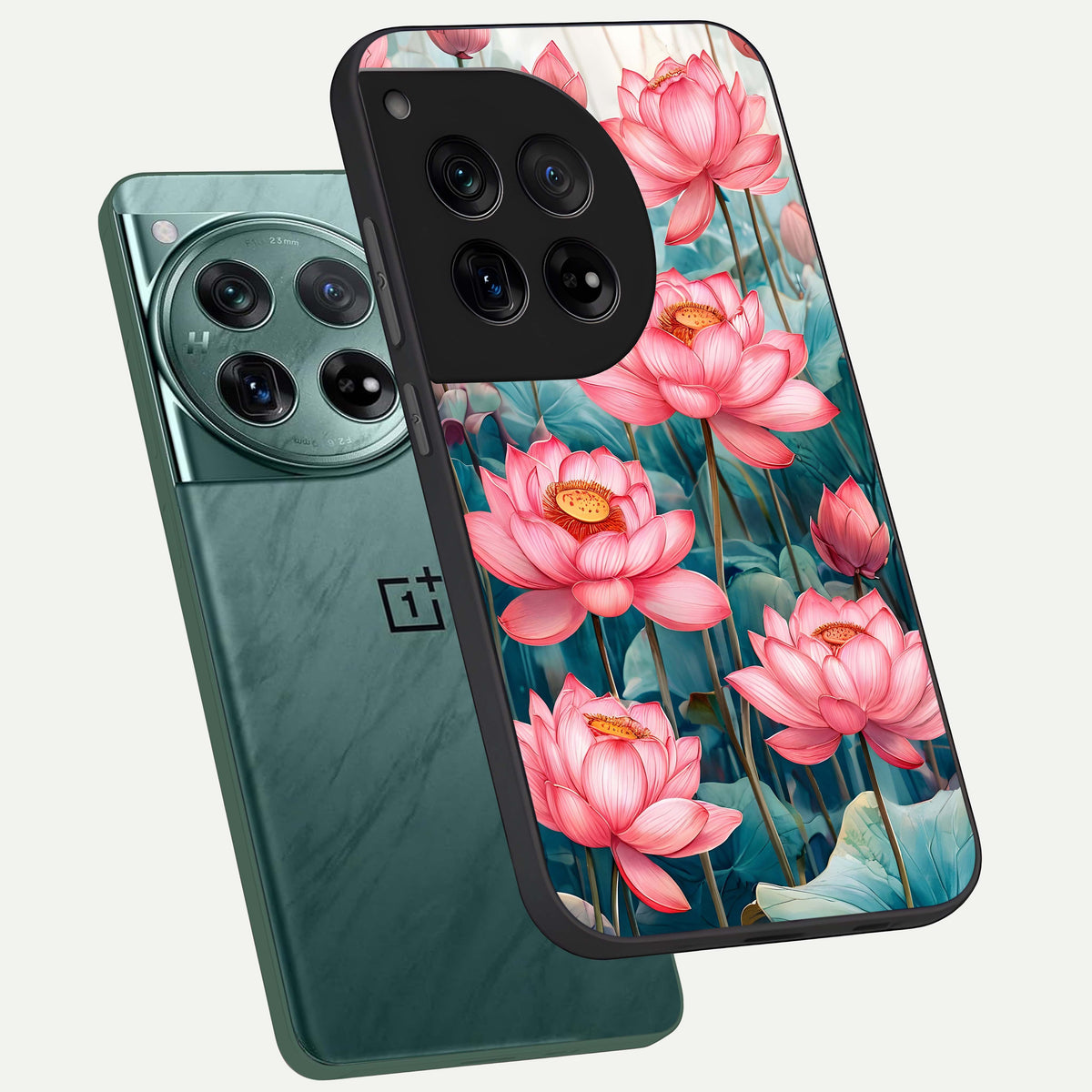  Celestial Pink Lotus phone case For OnePlus 12 showing premium glass back cover with detailed artwork