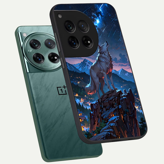  Celestial Wolf Howl phone case For OnePlus 12 showing premium glass back cover with detailed artwork