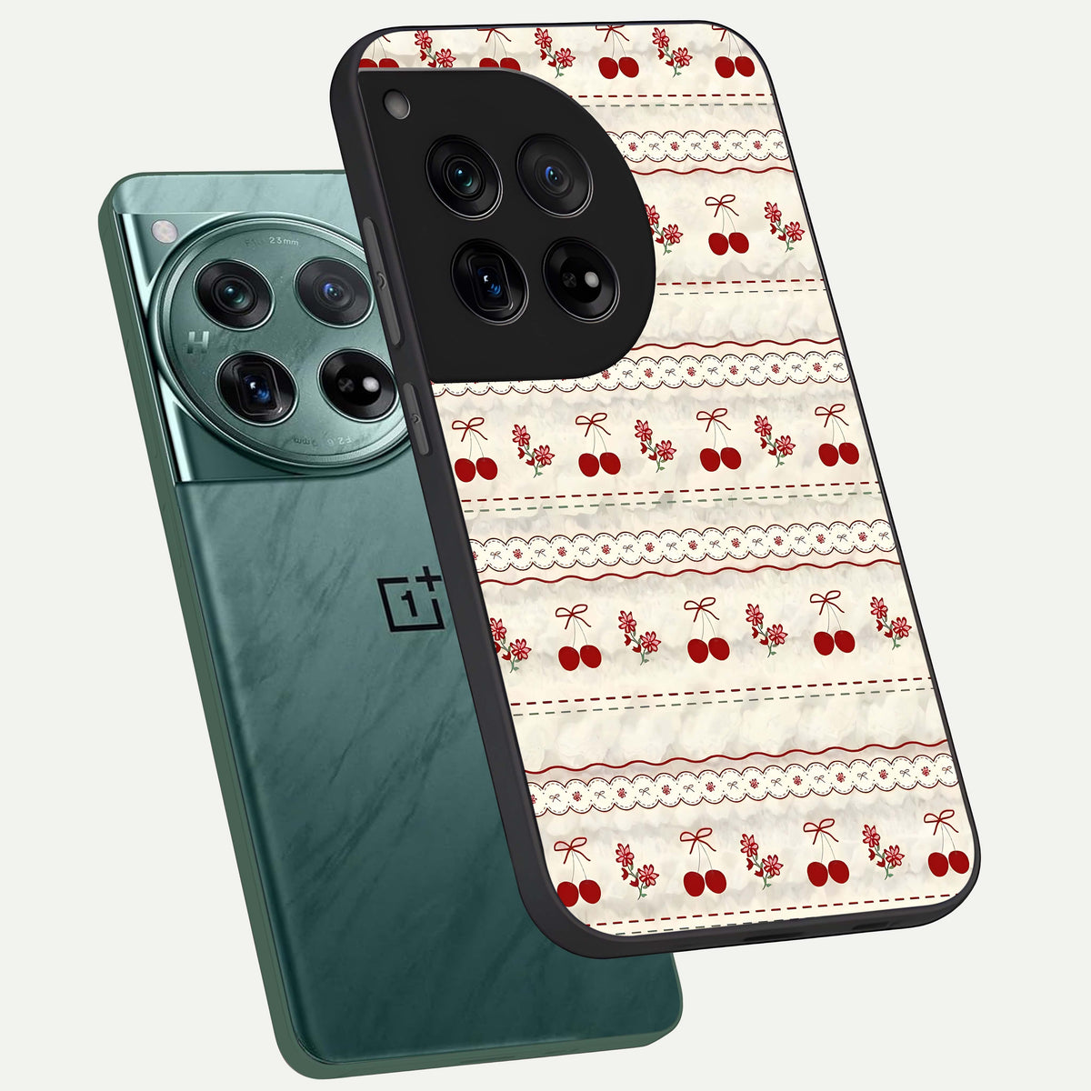  Cherry Bloom Charm phone case For OnePlus 12 showing premium glass back cover with detailed artwork