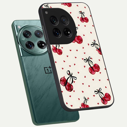  Cherry Heart Bow phone case For OnePlus 12 showing premium glass back cover with detailed artwork