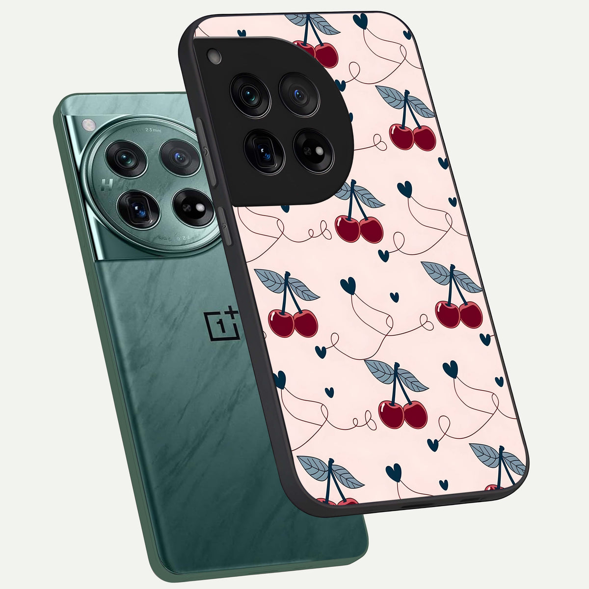  Cherry Heart Line phone case For OnePlus 12 showing premium glass back cover with detailed artwork