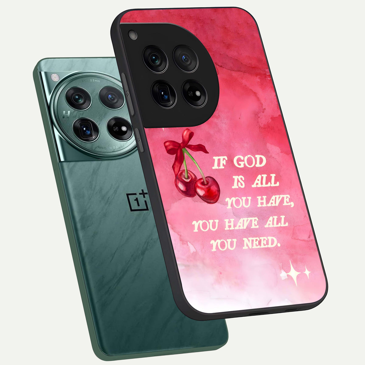  Cherry Quote phone case For OnePlus 12 showing premium glass back cover with detailed artwork