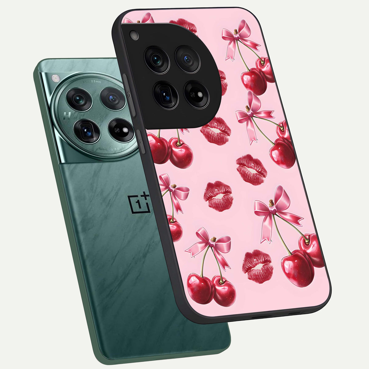  Cherry With Lips phone case For OnePlus 12 showing premium glass back cover with detailed artwork