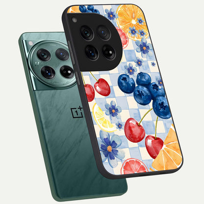  Citrus Bloom Joy phone case For OnePlus 12 showing premium glass back cover with detailed artwork