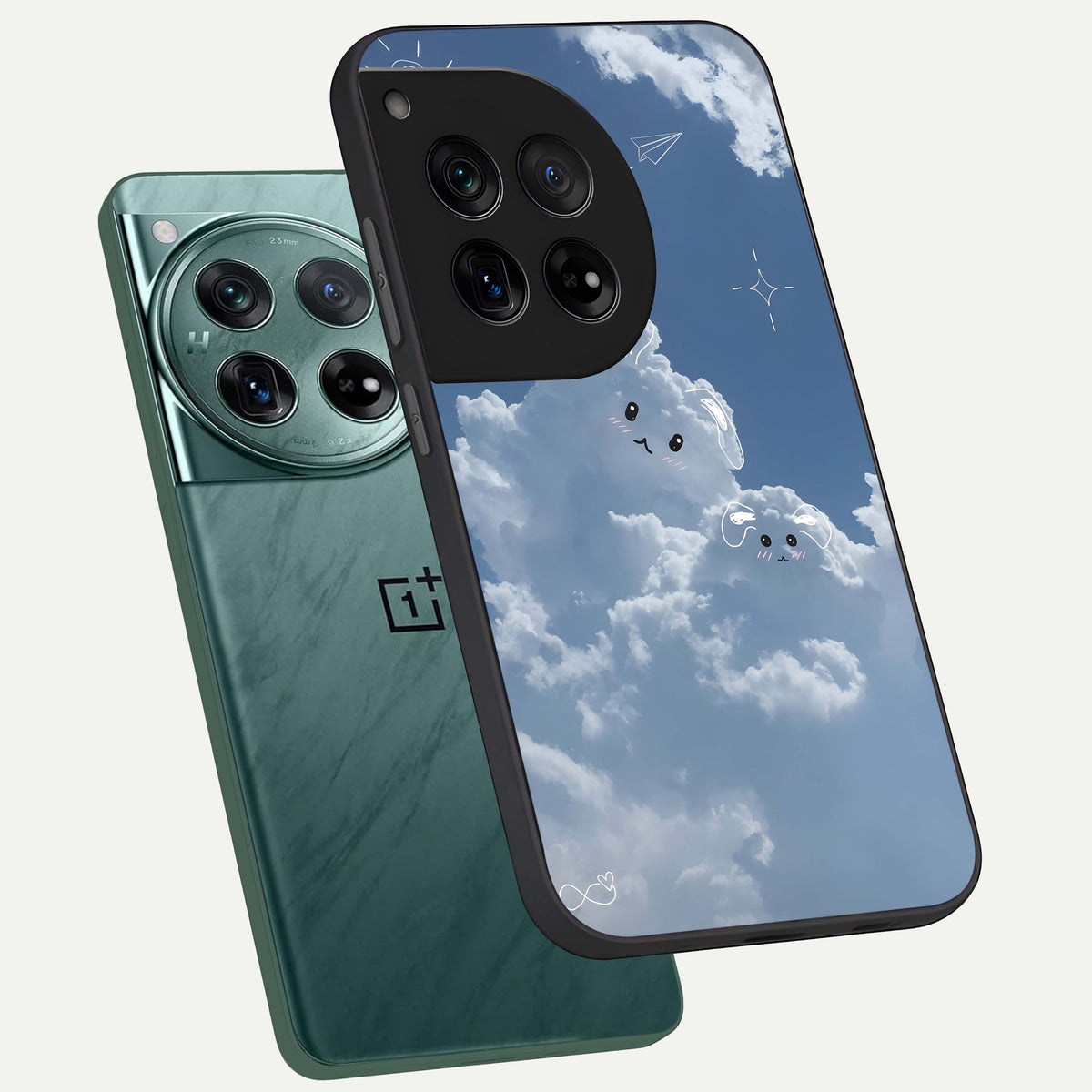  Cloud Bunny Dreams phone case For OnePlus 12 showing premium glass back cover with detailed artwork
