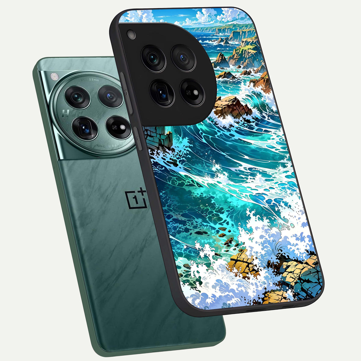  Coastal Blue Waves phone case For OnePlus 12 showing premium glass back cover with detailed artwork