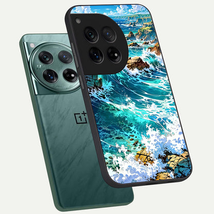 Coastal Blue Waves phone case For OnePlus 12 showing premium glass back cover with detailed artwork