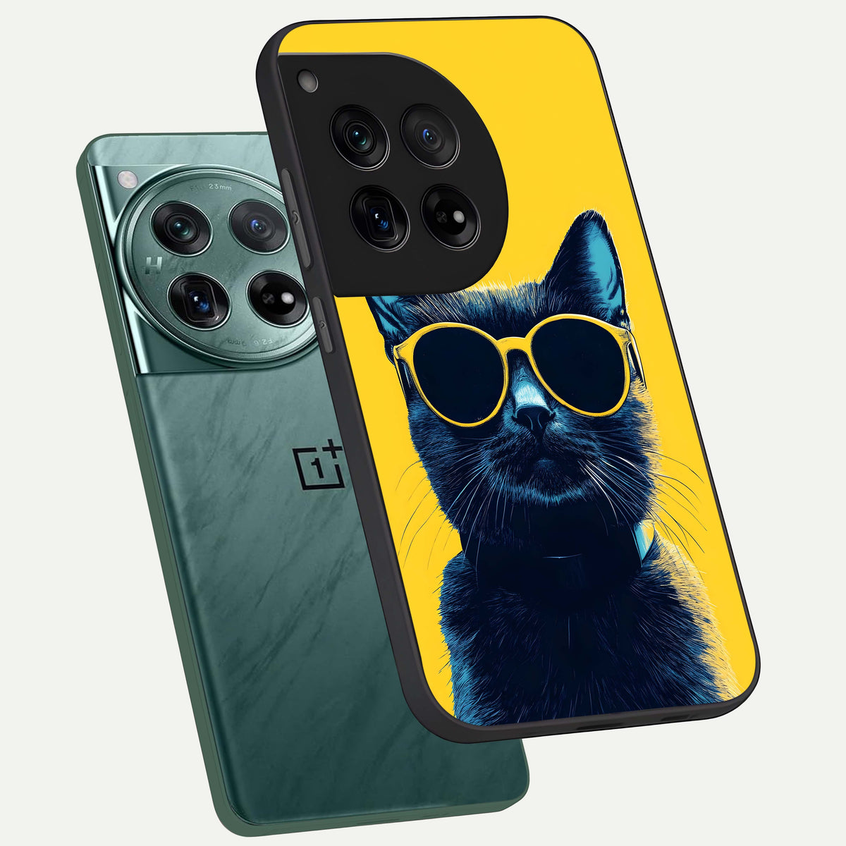  Cool Cat Vibes phone case For OnePlus 12 showing premium glass back cover with detailed artwork