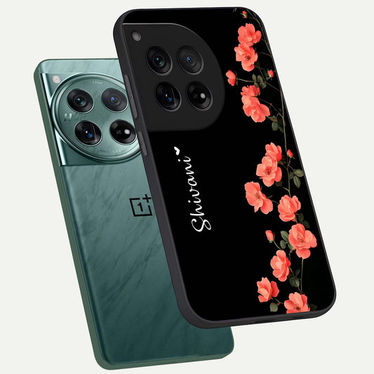  Crimson Bloom Grace Custom Name phone case For OnePlus 12 showing premium glass back cover with detailed artwork