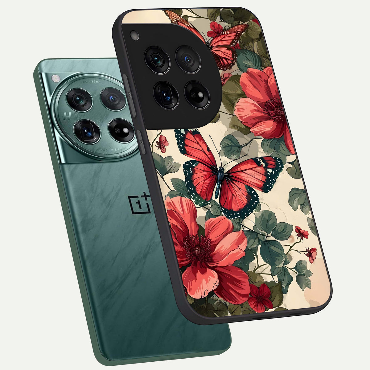  Crimson Butterfly Garden phone case For OnePlus 12 showing premium glass back cover with detailed artwork