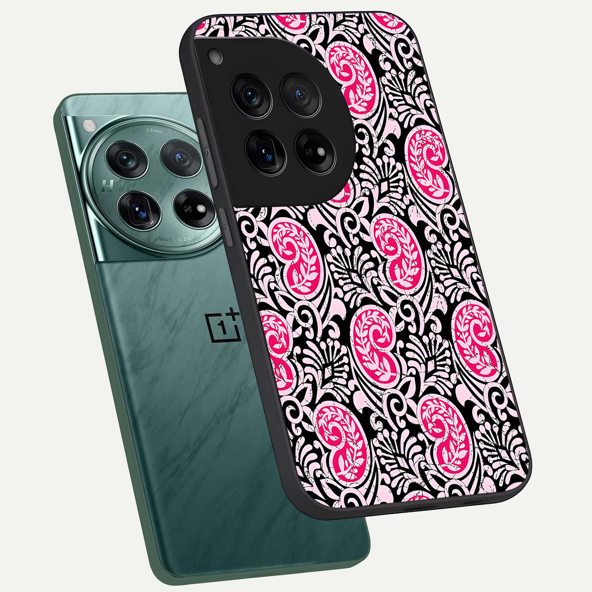  Crimson Paisley Charm phone case For OnePlus 12 showing premium glass back cover with detailed artwork