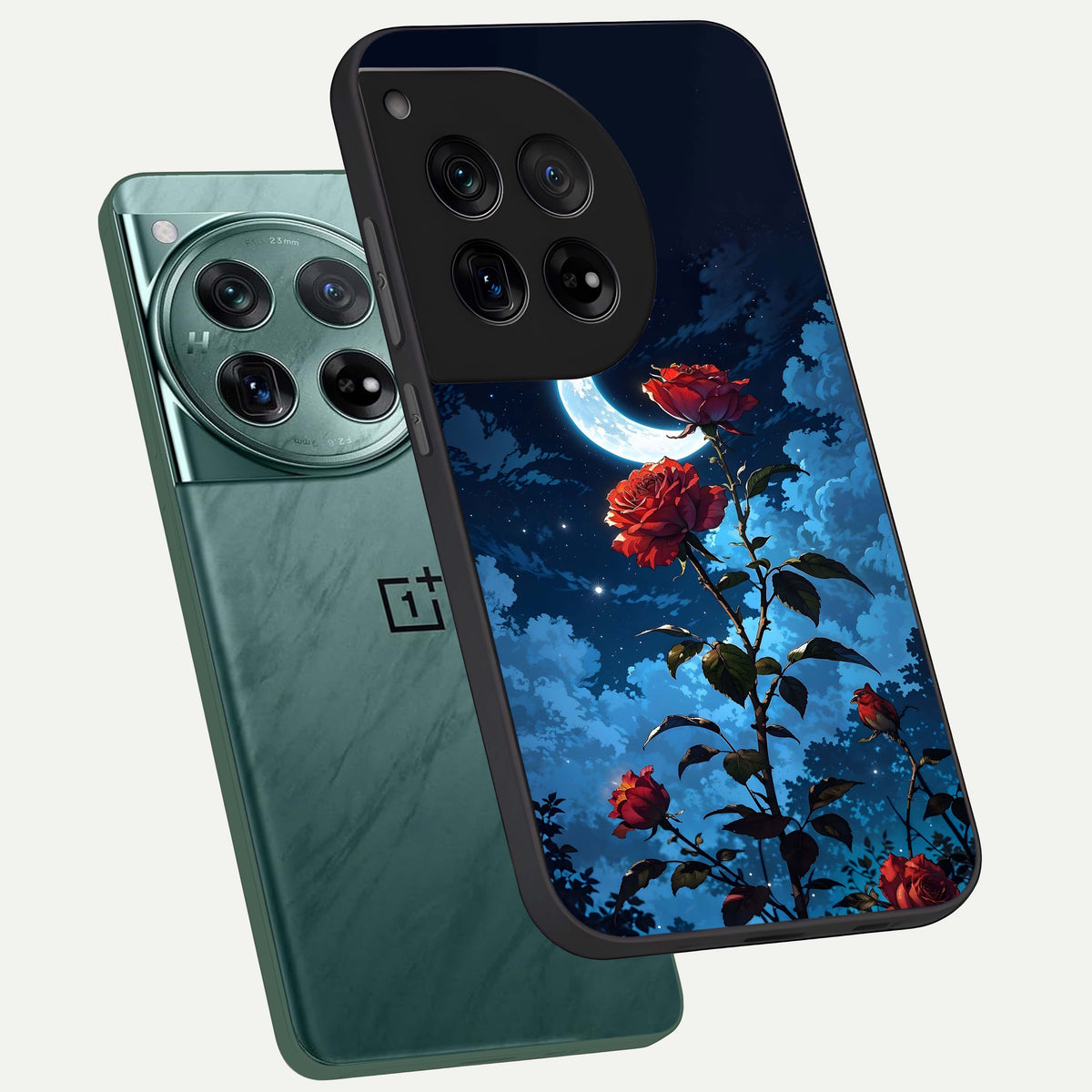  Crimson Rose Moon phone case For OnePlus 12 showing premium glass back cover with detailed artwork