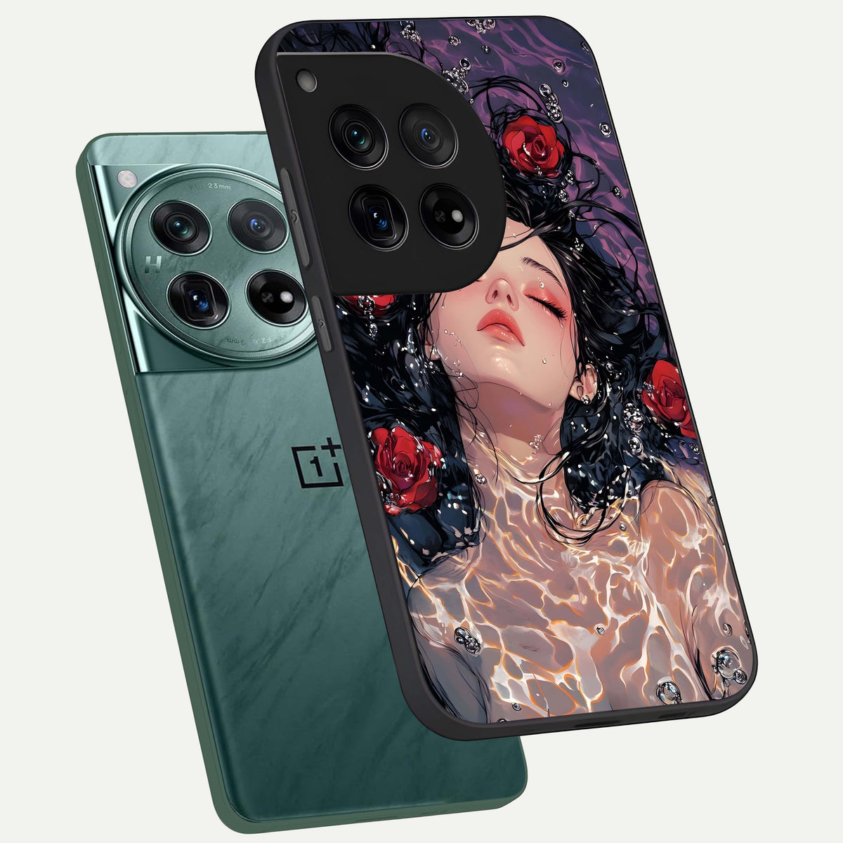  Crimson Rose Serenity phone case For OnePlus 12 showing premium glass back cover with detailed artwork