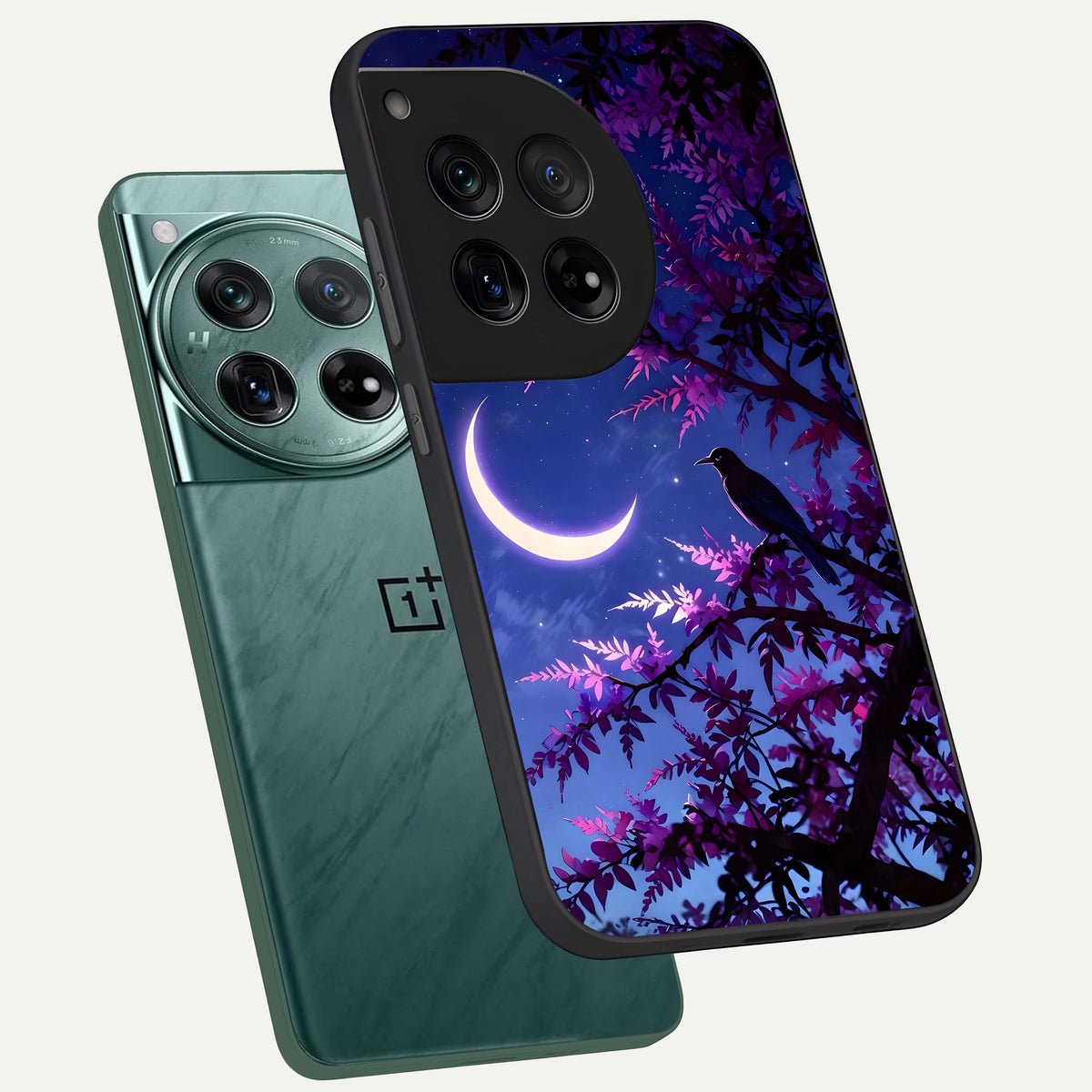  Crow And Moon Scenery phone case For OnePlus 12 showing premium glass back cover with detailed artwork