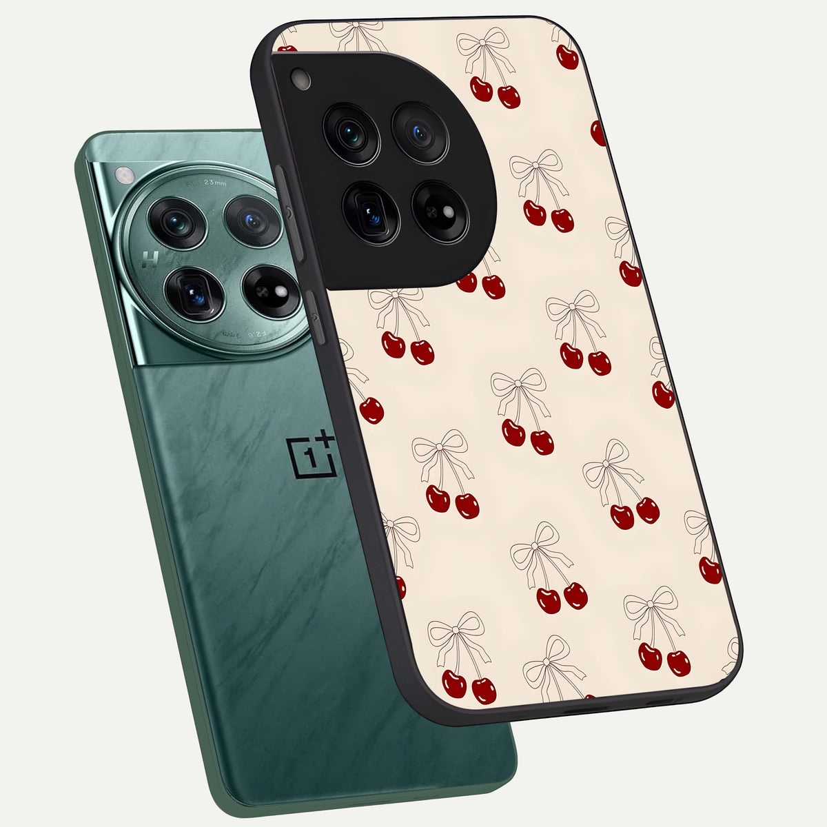  Cute Cherry Pattern phone case For OnePlus 12 showing premium glass back cover with detailed artwork